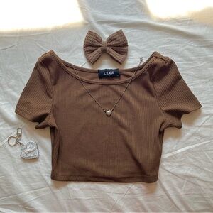 Cider Chocolate Brown Ribbed Crop Top